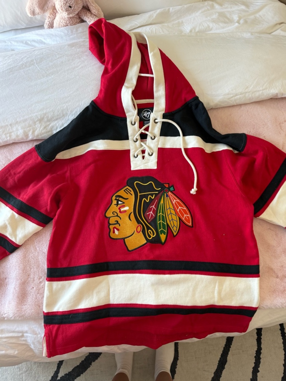 47 Brand Chicago Blackhawks Red Black White Lace-Up Hoodie